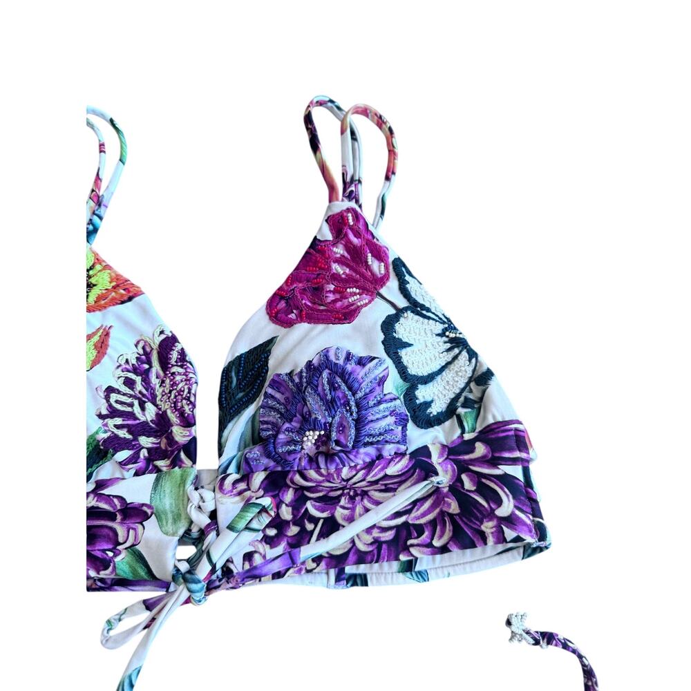 Agua Bendita Floral Embroidered Bikini Set Size L Triangle Tie Side Swimsuit - Picture 8 of 14